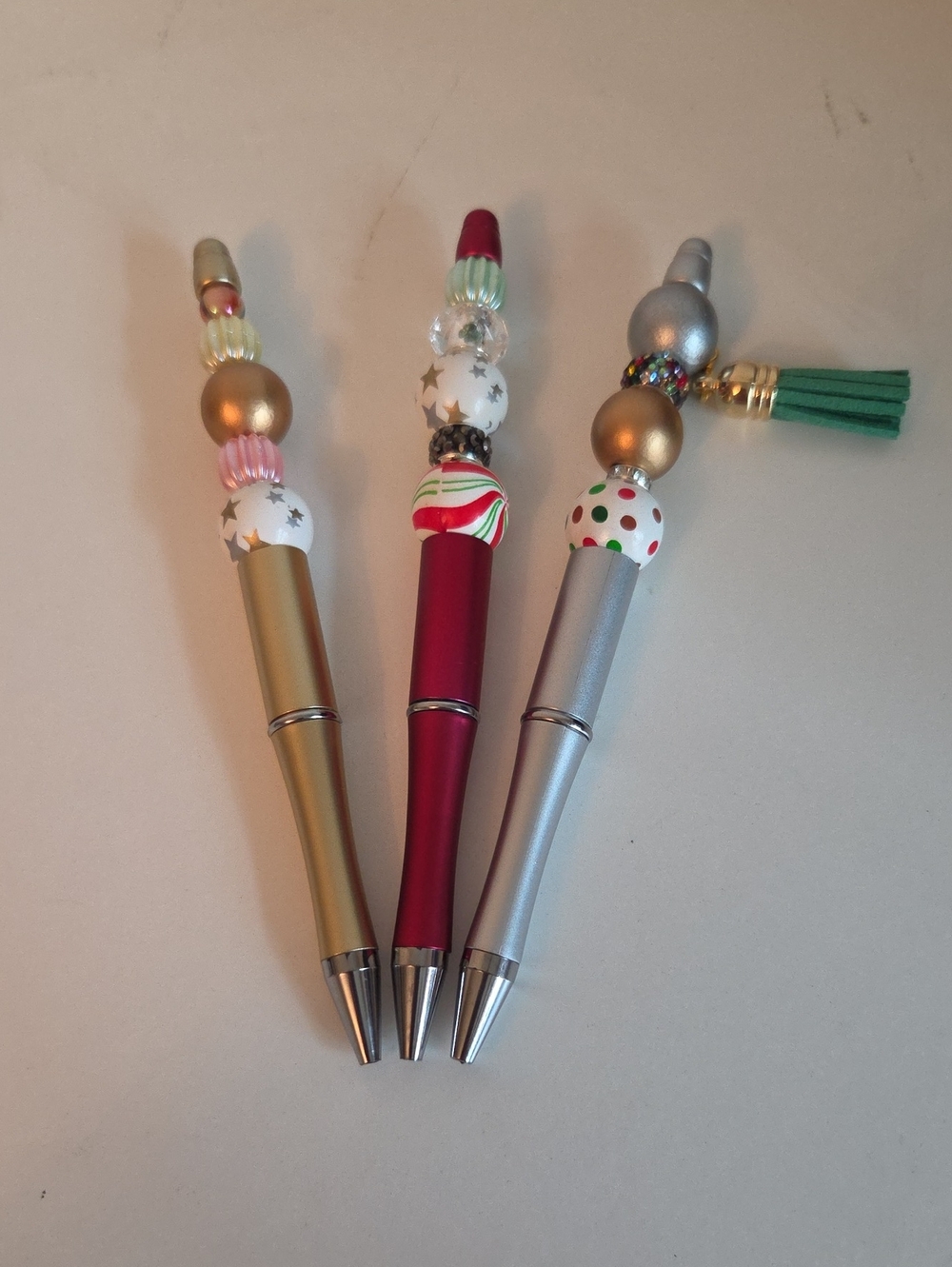 Bundle Of 3 Festive Beaded Ballpoint Pen - Red, Gold, Silver